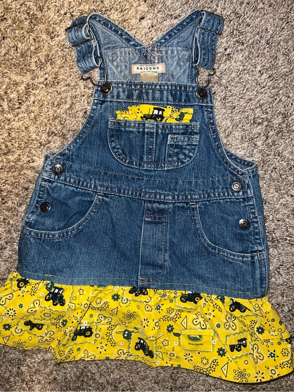 John Deere Arizona Jean Company Baby Girl 6/9m Denim Overall Dress Tractor Print